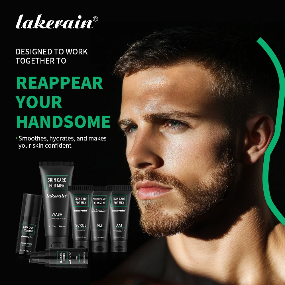 Lakerain Skin Care for Men Kit Oil Control Skin Firming Increase Hydrate Deep Cleaning Face 7 PCS Per Set Travel Skin Care Kit Peaceful Pleasures Health and Wellness