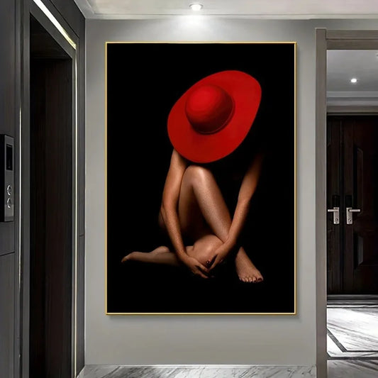 1pc Modern Abstract Red Hat Frameless Wall Art Canvas Print, Contemporary Female Form Poster for Living Room and Bedroom Decor Peaceful Pleasures Health and Wellness