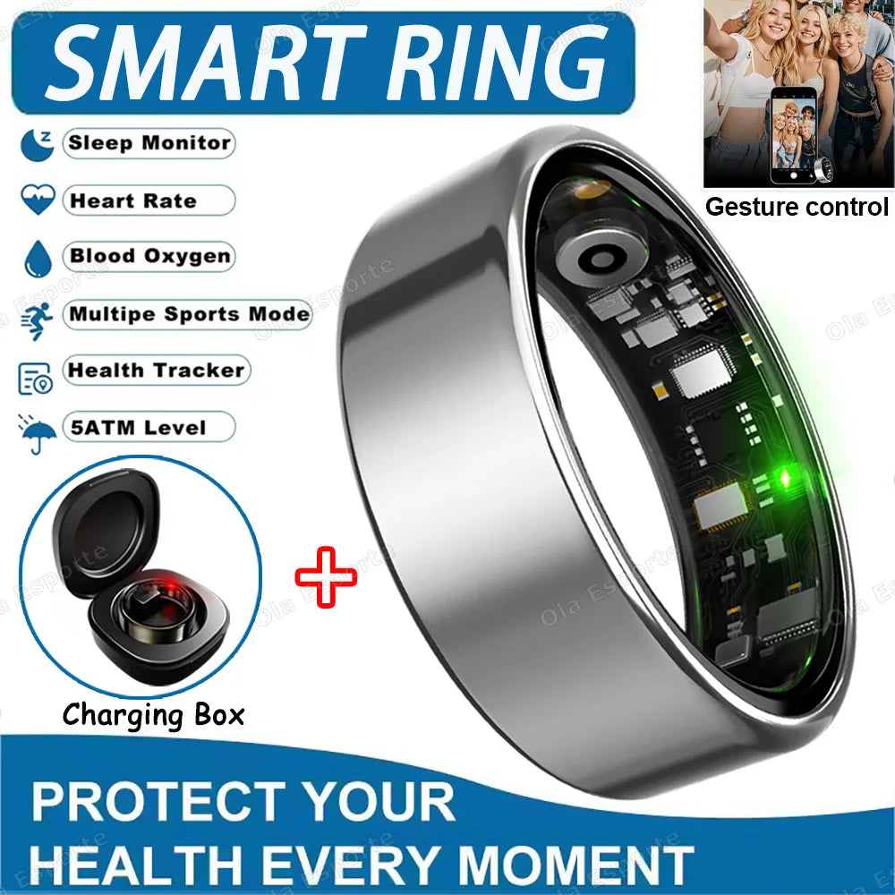 2025 New Smart Ring Heart Rate Blood Pressure Sleep Monitoring Motion Tracking IP68 Waterproof Men Women Smart Ring Holiday Gift Peaceful Pleasures Health and Wellness Silver Box 13