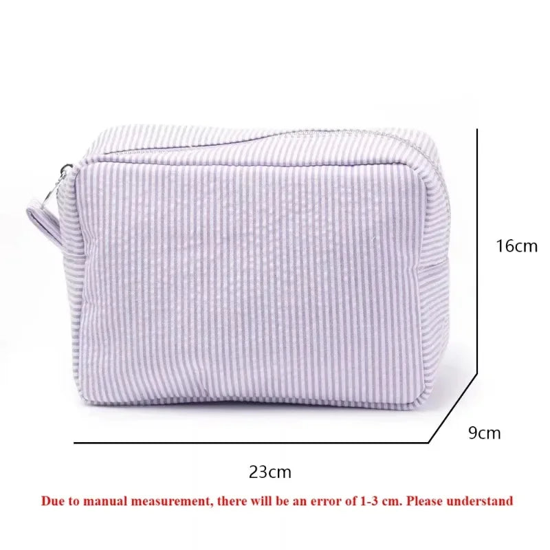 Seersucker Ruffle Cosmetic Bag – Pink & Purple Makeup Bag Cosmetic Makeup Bag Peaceful Pleasures Health and Wellness