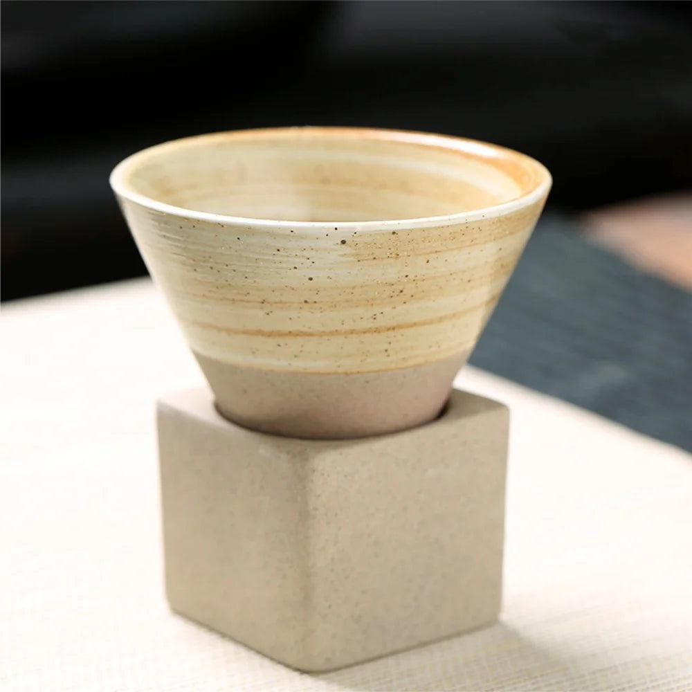 100ml Coarse Pottery Coffee Mugs, Japanese Style Ceramic Tea Cups Triangular Cone Shape Porcelain Retro Mug with Square Base Peaceful Pleasures Health and Wellness 100ml Earthy Yellow 100ml
