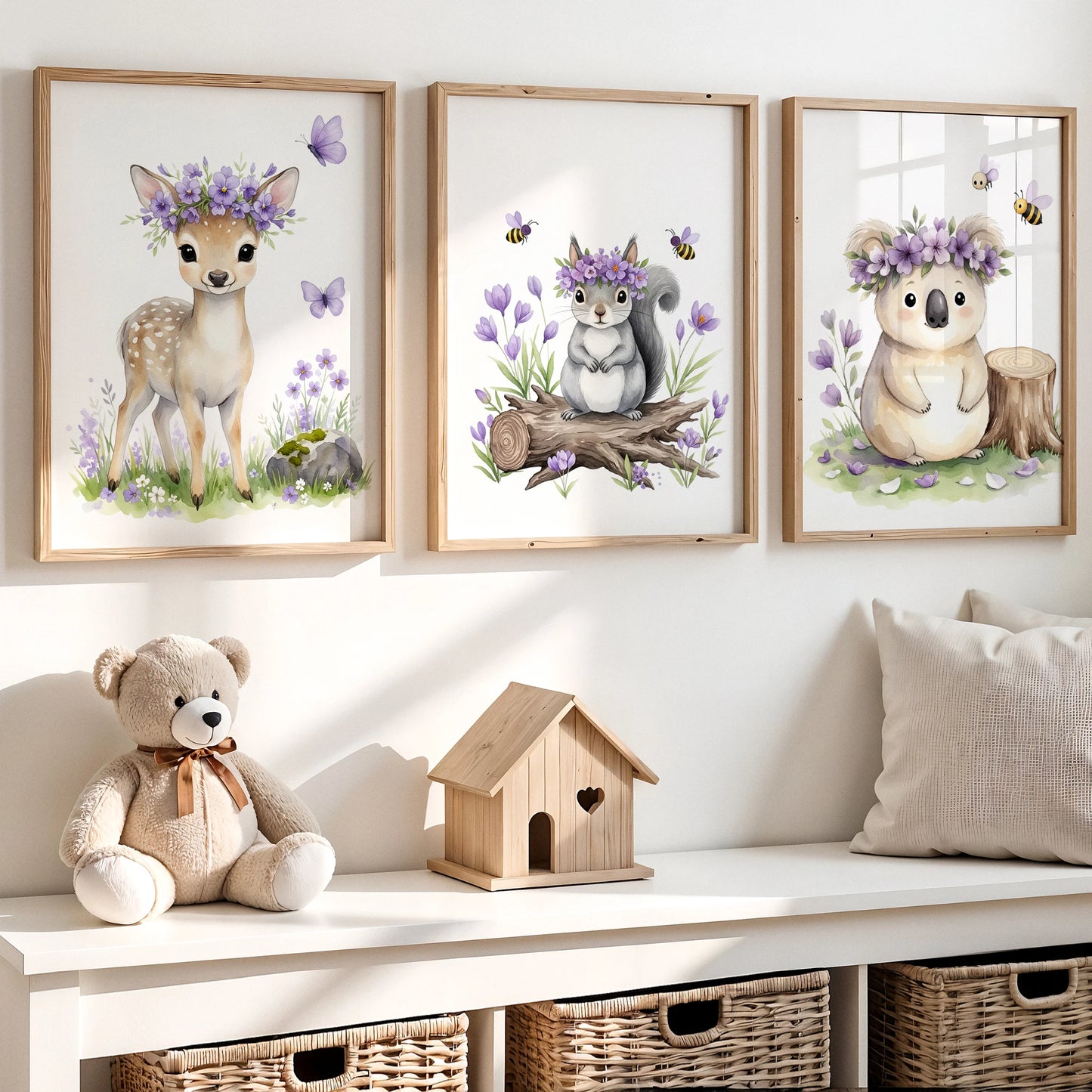 3-Piece Cartoon Animal Canvas Wall Art | Purple Kids Room Decor