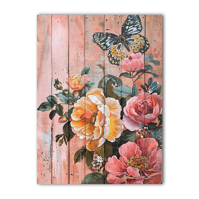 Nordic Wall Art Butterfly & Flowers on Wooden Plank Canvas Painting Nordic Style Poster Prints Bedroom Living Room Wall Decor Peaceful Pleasures Health and Wellness 02 50x70cm NoFrame China Mainland