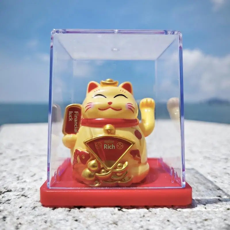 Solar Waving Lucky Cat Ornament | Mini 2" Desk Fortune Décor