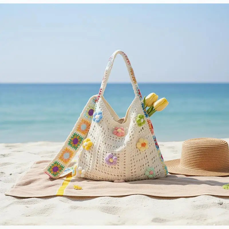 Large Boho Floral Crochet Tote Bag | Hollow Knit Handbag