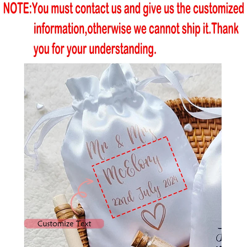 5-Pack Personalised White Satin Drawstring Bags | Wedding Favors
