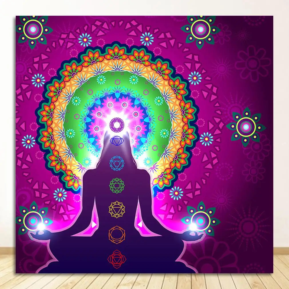 Buddha Statue Meditation 7 Chakra Mandala Psychedelic Yoga Boho Wall Art Paintings Décor Canvas Posters Prints Indian Peaceful Pleasures Health and Wellness 1629-01 30x40cm Unframed