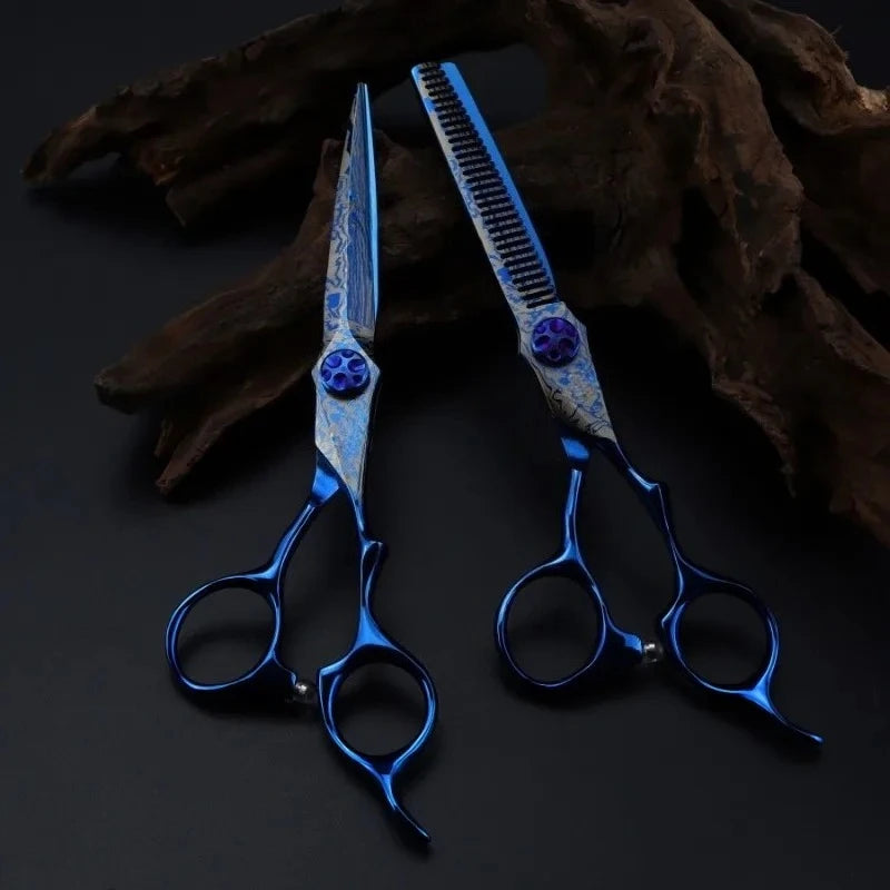 Professional 6 '' Upscale Scissor Blue Damascus Hair Scissors Cutting Barber Tools Haircut Thinning Shears Hairdresser Scissors Peaceful Pleasures Health and Wellness