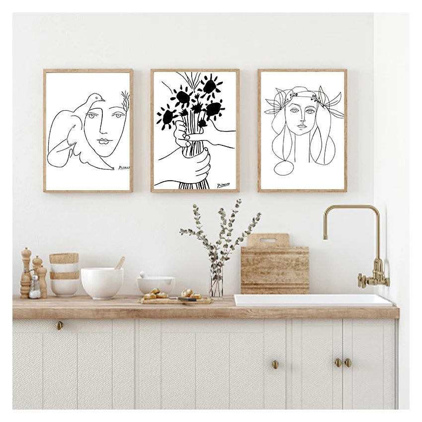 Minimalist Picasso Line Drawing Canvas Print – Woman & Bouquet