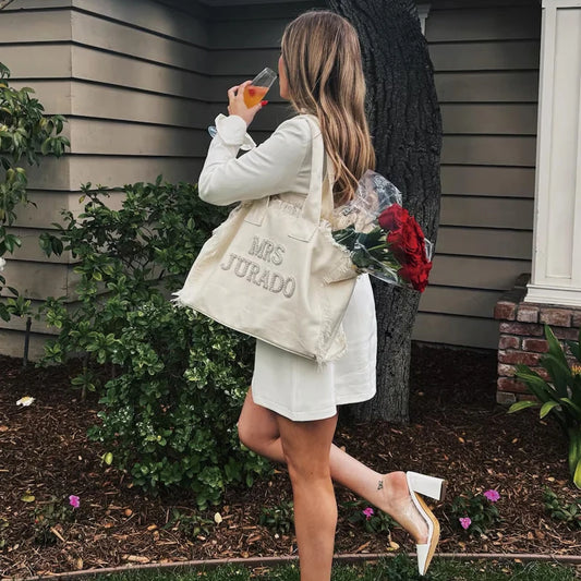 Personalized Mrs Fringe Tote Bag with Pearls | Bridal Gift Personalized Tote Bag Peaceful Pleasures Health and Wellness