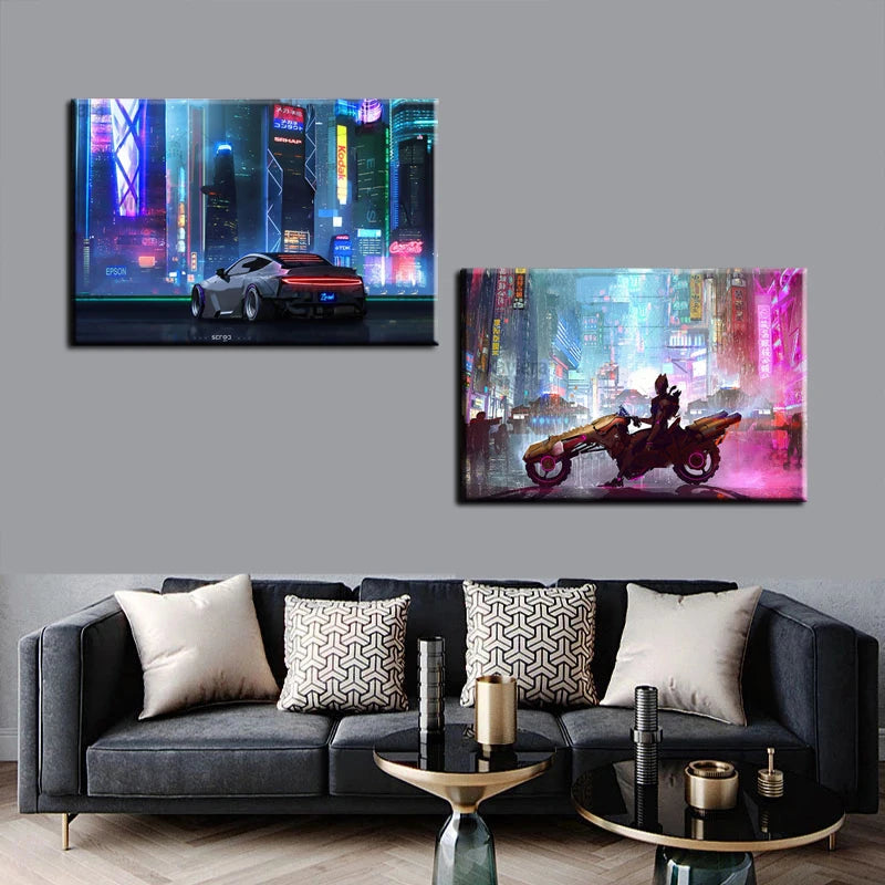 Canvas Art Painting Future Sci-Fi Punk Style Artwork Night City Street Scenery Poster Technology Wall Picture Home Decoration Peaceful Pleasures Health and Wellness