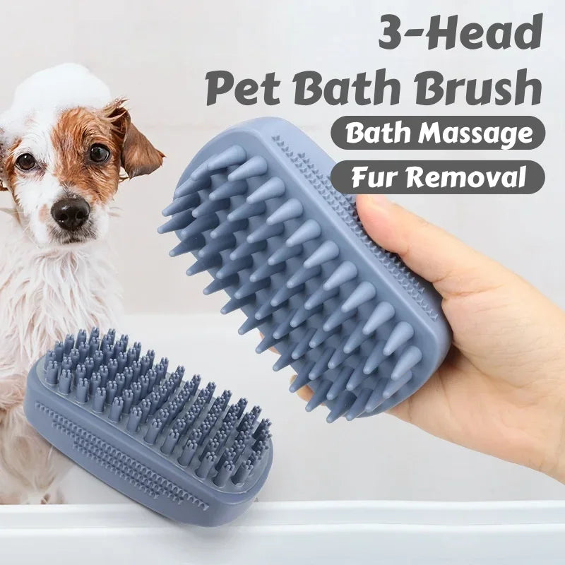 3-Head Silicone Pet Bath Brush – Fur Removal for Cats & Dogs