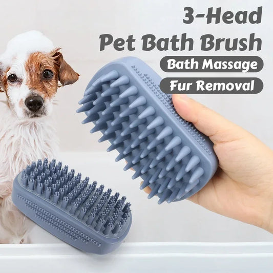 3-Head Silicone Pet Bath Brush – Fur Removal for Cats & Dogs Pet Grooming Brush Peaceful Pleasures Health and Wellness