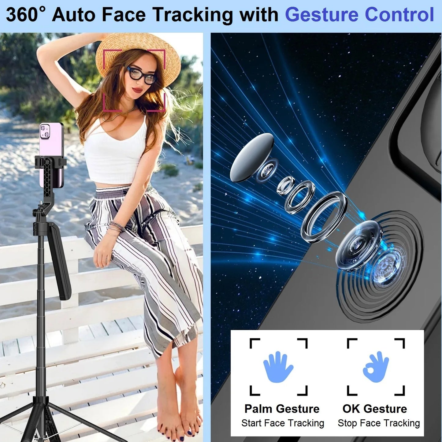 Auto Face Tracking Tripod 71" | 360° Smart Selfie Stick