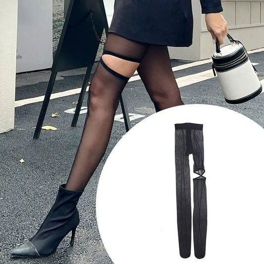 Women's Asymmetric Hollow Out Tights – Vertical Line Stockings Fashion Tights Oasis Select
