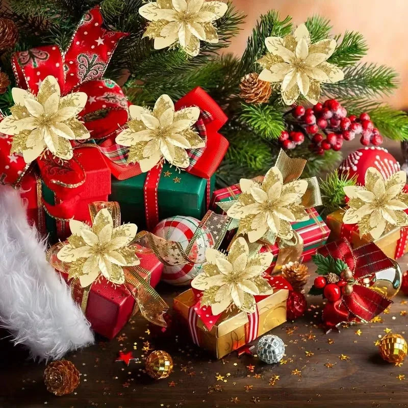 Glitter Artificial Christmas Flowers with Clips – Xmas Tree Decor
