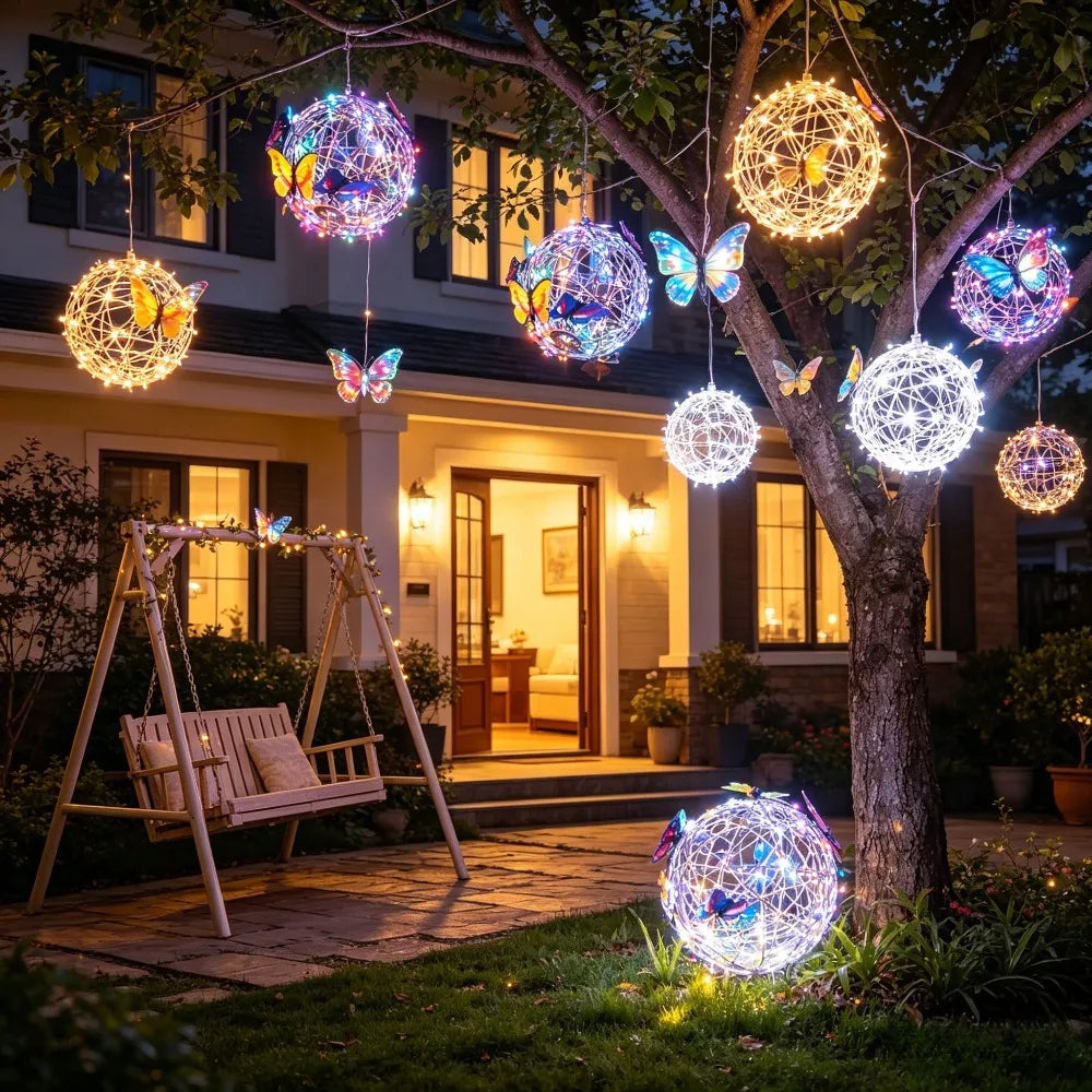 Outdoor Solar Garden Light Metal Home Decorative Nightlight Butterfly Pendant Waterproof Butterfly Round Ball Light Weaving Mesh Peaceful Pleasures Health and Wellness