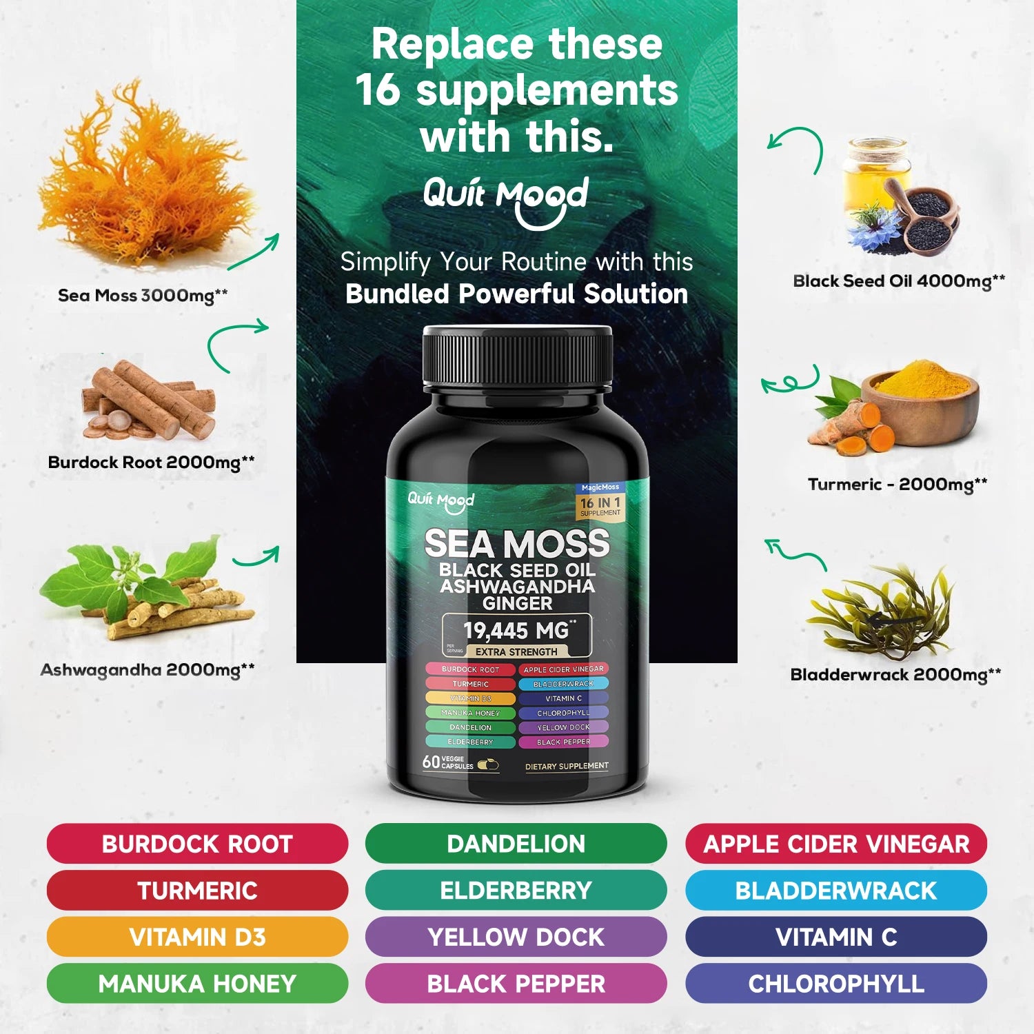 2Pcs Sea Moss 3000mg Black Seed Oil 2000mg Ashwagandha1000mg Turmeric 1000mg Bladderwrack 1000mg Burdock 1000mg & Vitamin C & D3 Peaceful Pleasures Health and Wellness