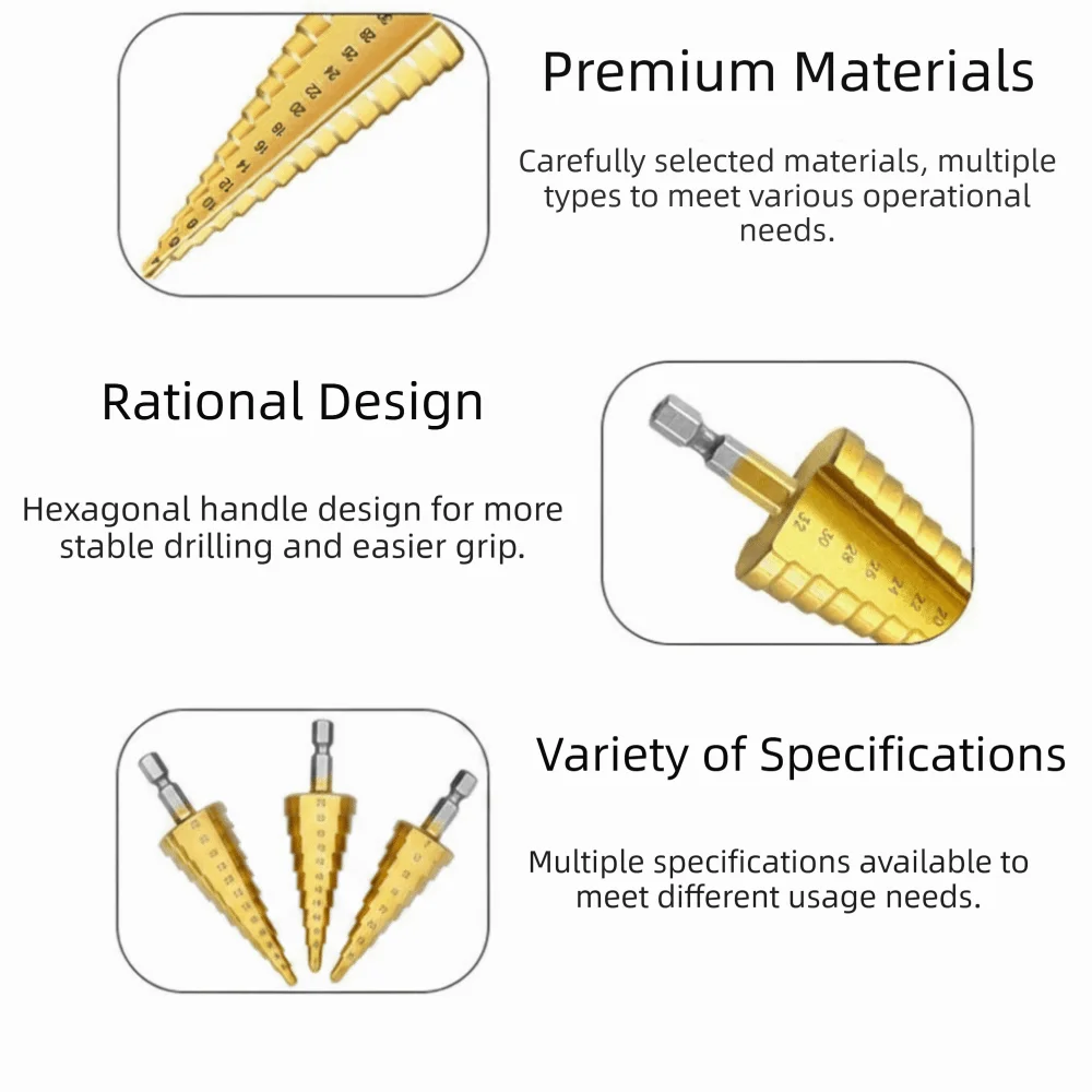 3-Piece HSS Titanium Step Drill Bit Set – Multiple Hole Sizes