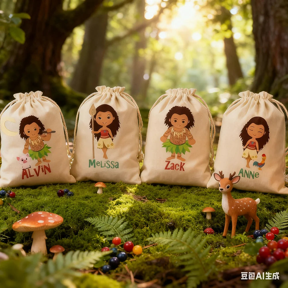 Custom Moana Party Favor Bags 4-Pack | Drawstring Goodie Bags Party Favor Bags Peaceful Pleasures Health and Wellness