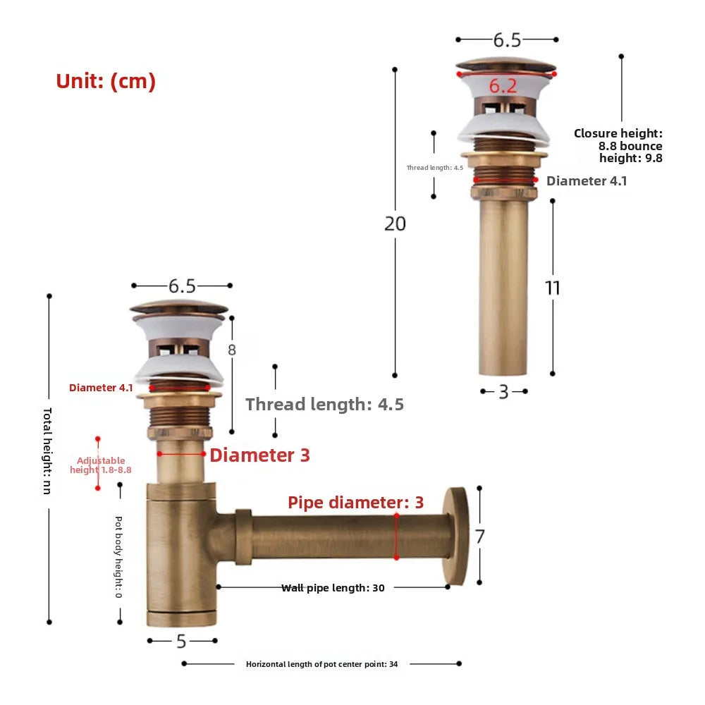 Brass Round Bottle P-Trap 1-1/4" Sink Drain Kit & Pop-Up Drain