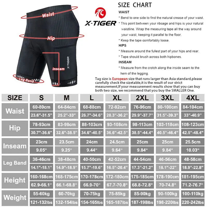 X-TIGER Men's 5D Gel Padded Cycling Shorts with Back Pocket