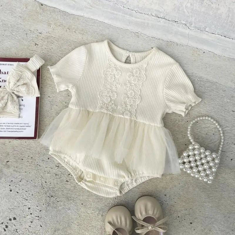 Newborn Baby Lace Romper & Bowknot Headband Photo Outfit Set