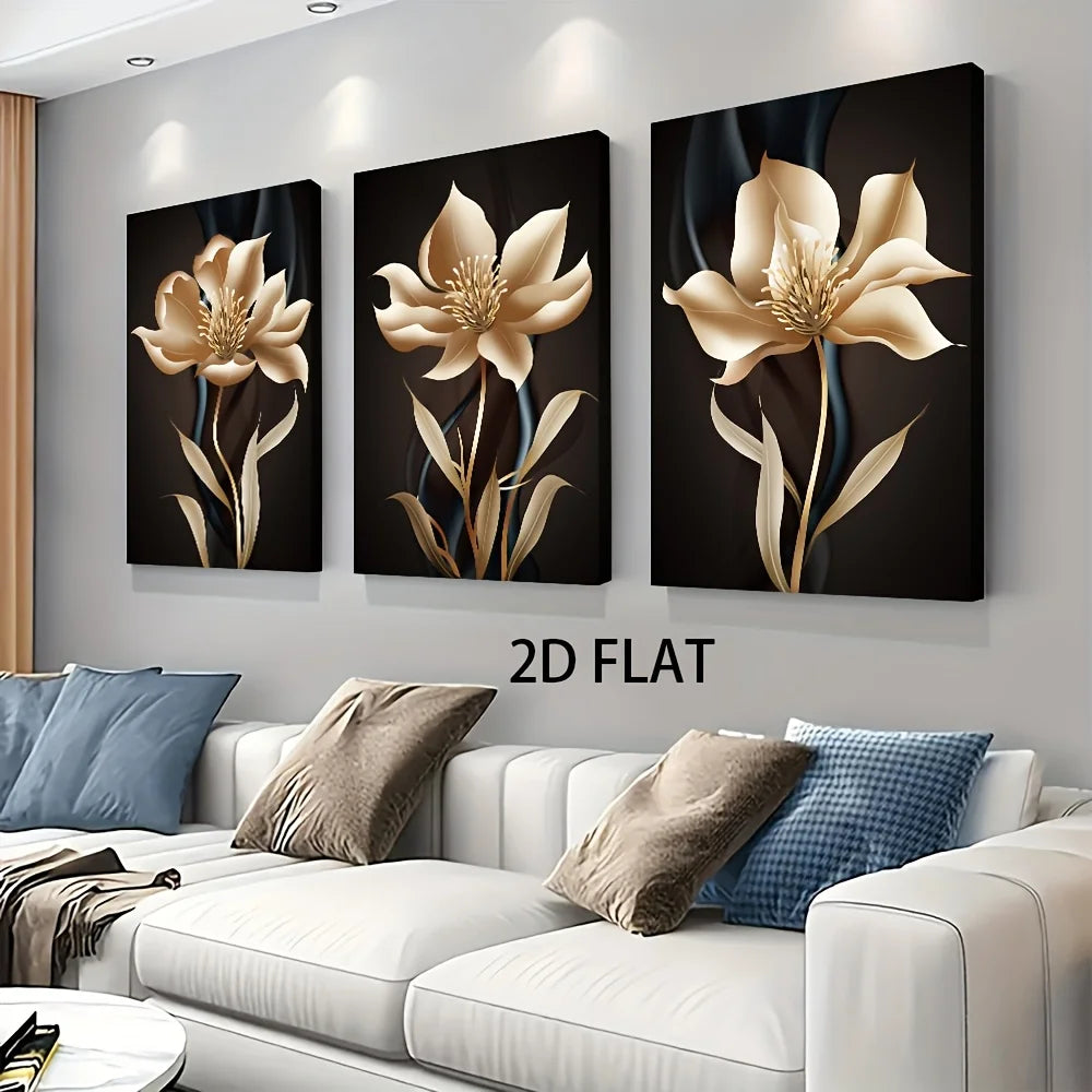 2D Flat, 3pcs of Modern Abstract Black and Golden Floral Wall Art Canvas Paintings for Living Room Decoration, 2D Flat Frameless Peaceful Pleasures Health and Wellness 50x70cm No Frame ZLH11346-3pcs