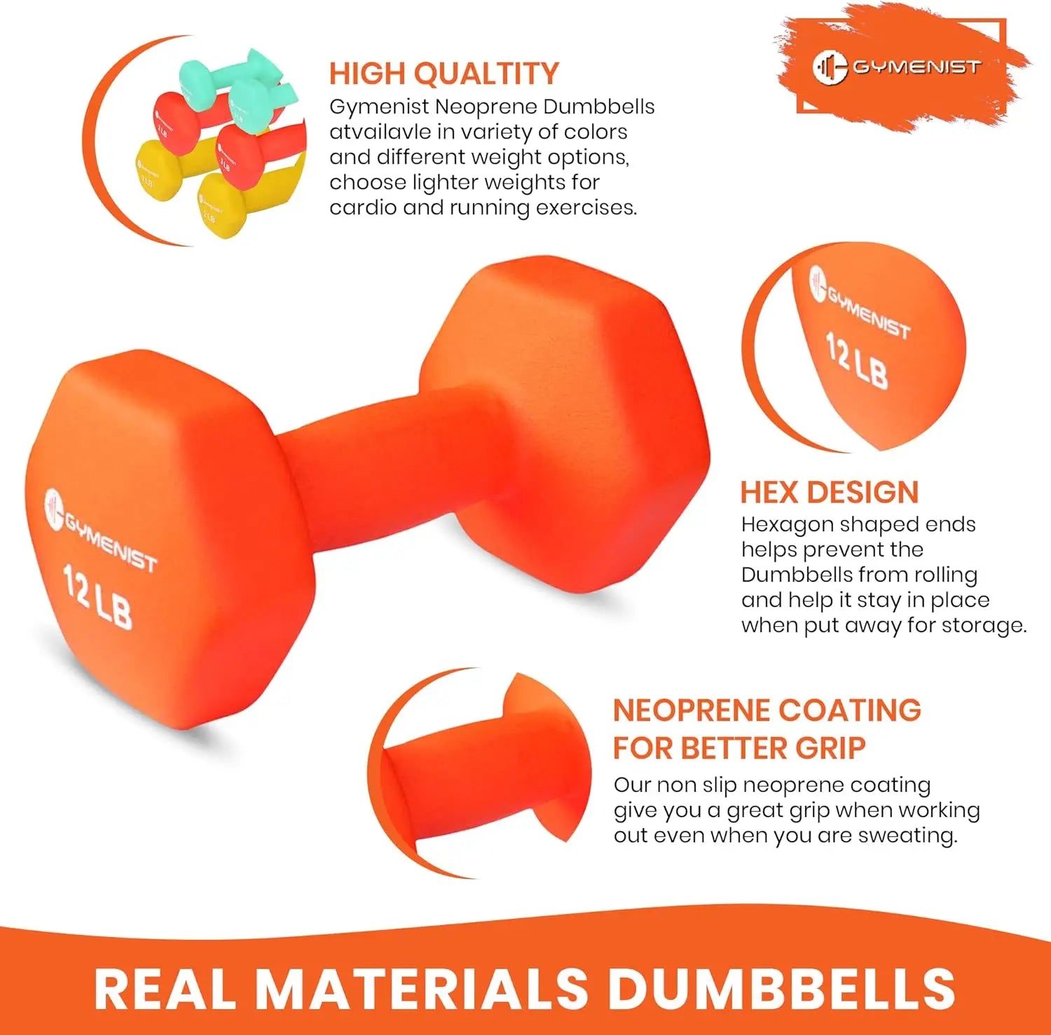Orange dumbbell with text highlighting features on a white background