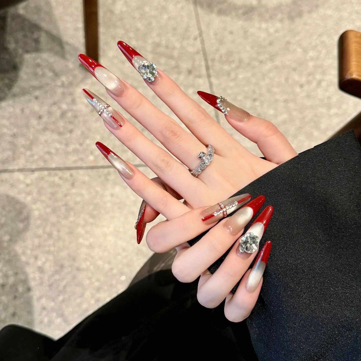Handmade Press on Nails Long Oval Red French Fake Nails for Women Girl Wearable Large Heart Diamond Design New Year False Nails Peaceful Pleasures Health and Wellness