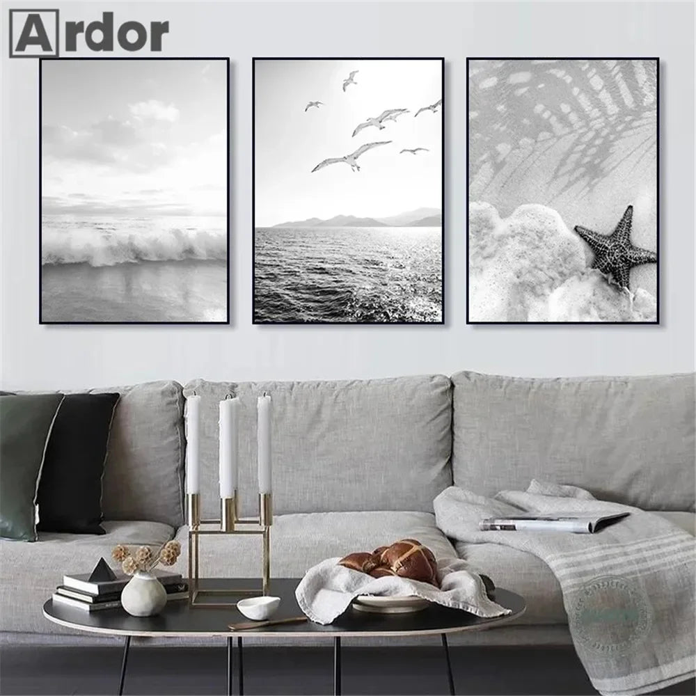 Black And White Starfish Beach Wall Posters Car Palm Tree Summer Landscape Art Print Canvas Painting Pictures Nordic Home Dec Peaceful Pleasures Health and Wellness