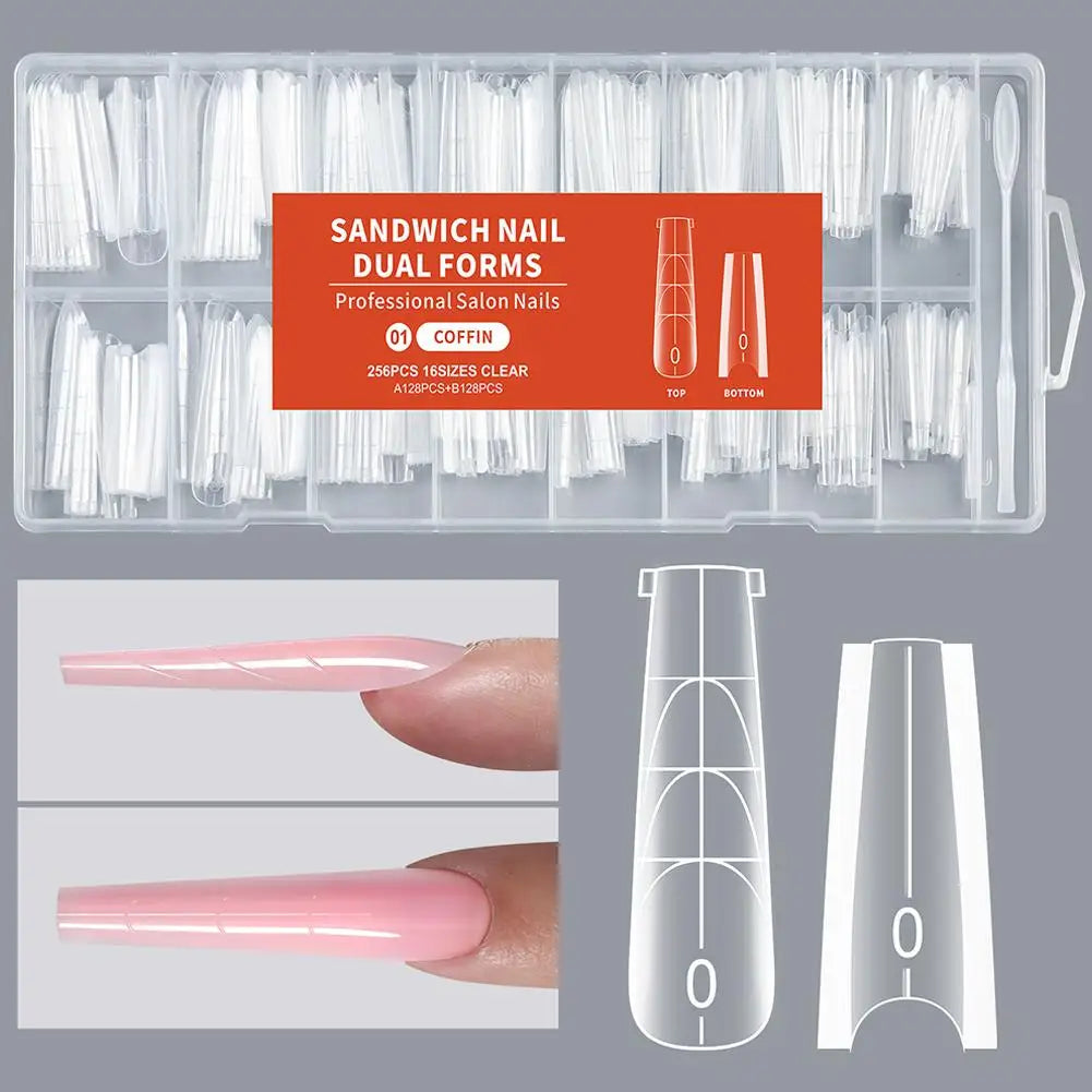 256pcs Sandwich Nail Dual Form Set Quickly Building Full Cover Tips Nail Extension Form Clear French Tip Manicure Tool Peaceful Pleasures Health and Wellness