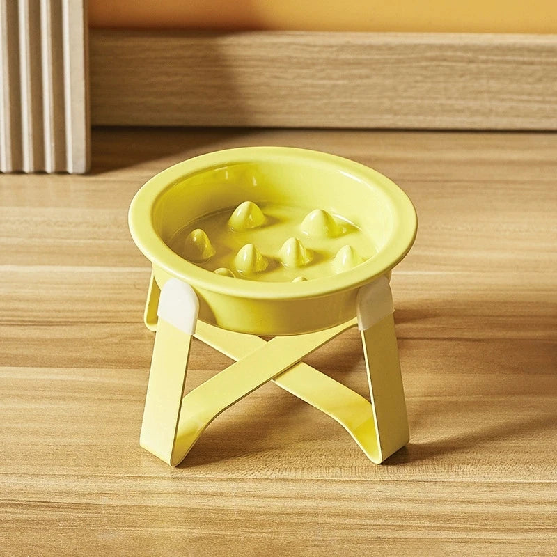 Ceramic Slow Feeder Cat Bowl with Elevated Iron Stand Elevated Cat Bowl Peaceful Pleasures Health and Wellness YELLOW