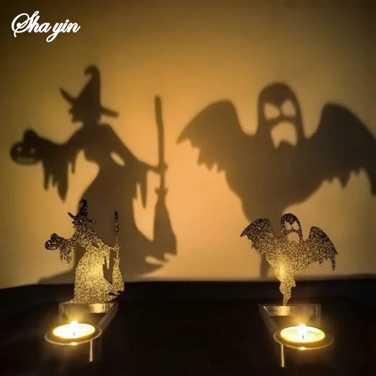 Halloween Candlestick Decoration – Pumpkin & Skull Shadow Set Halloween Candlestick Oasis Select