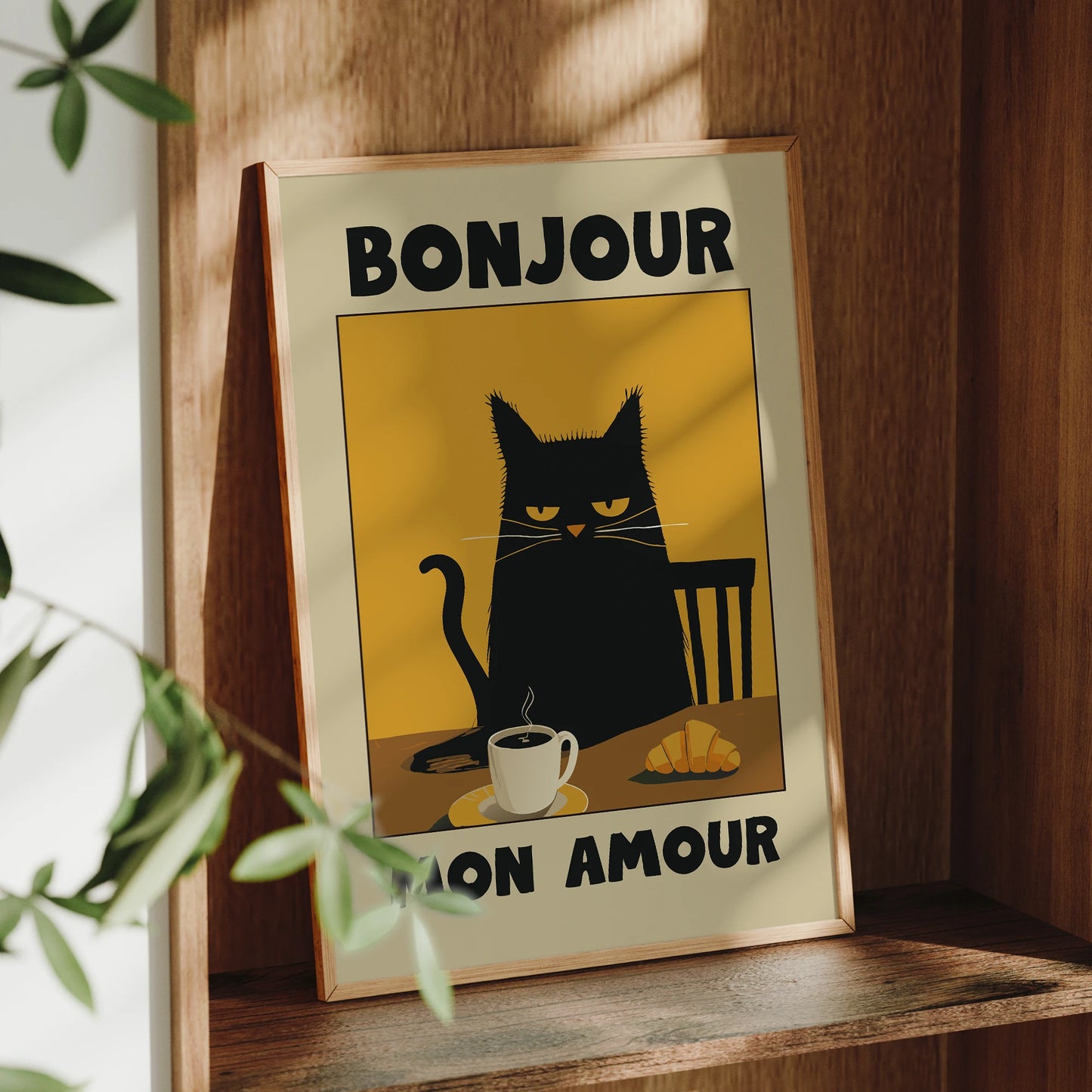 Black Cat Breakfast Vintage Canvas Wall Art | Warm Tones Print