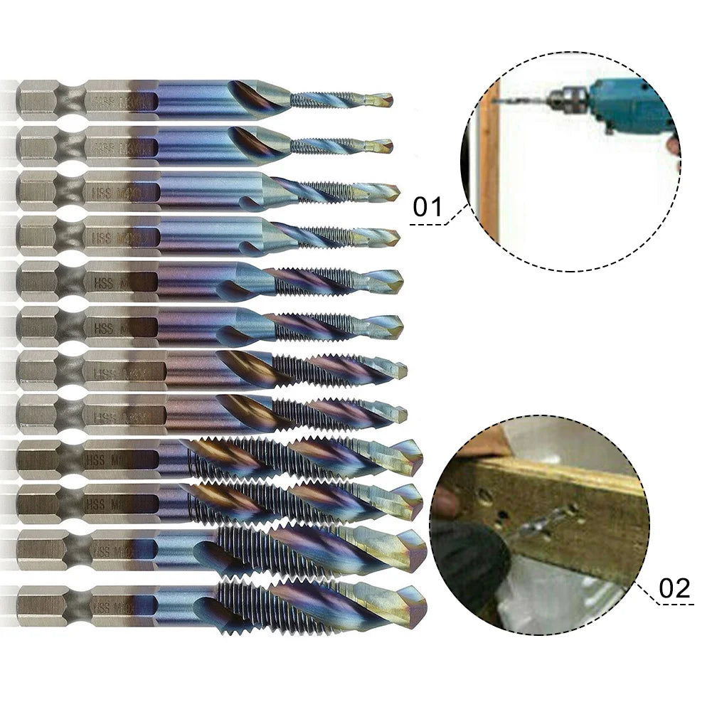 1 4 HSS Hex Shank Titanium Plated Screw Thread Drill Bits M3 M10 Taps