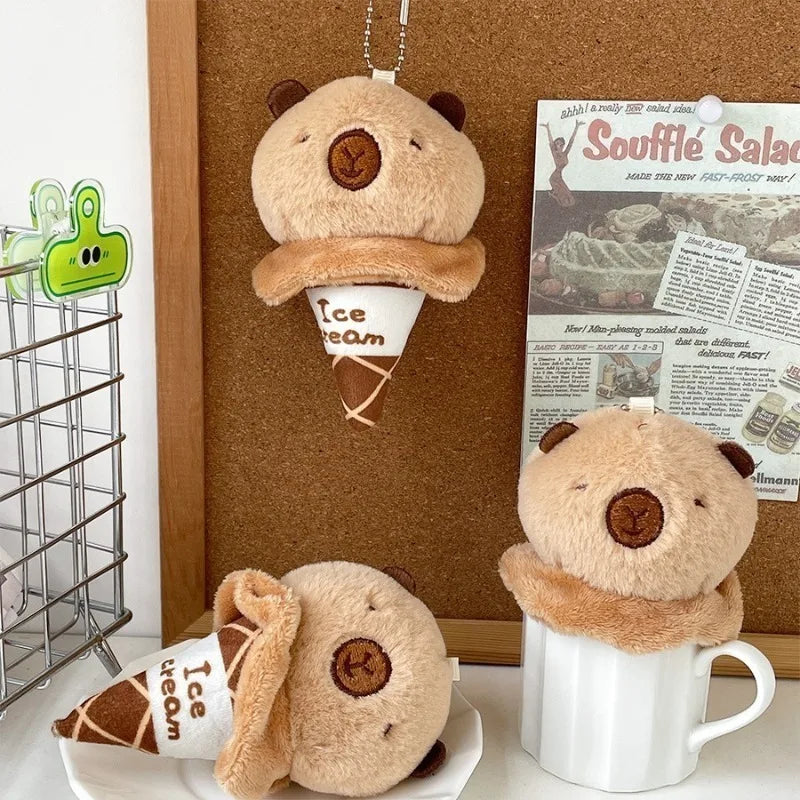 Capybara Ice Cream Plush Keychain – Soft Stuffed Bag Charm