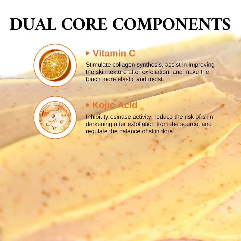 Vitamin C Kojic acid Natural Exfoliating Salt Body &Face Scrub Brightens and Softens Skin Deep Cleaning Anti Oxidative Skin Tone Peaceful Pleasures Health and Wellness