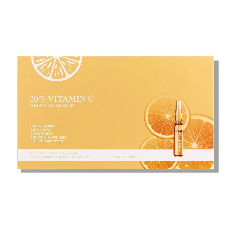Box of 20% Vitamin C Ampoule Serum with orange design on a white background