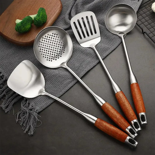 Rosewood Handle Stainless Steel Cookware Set Kitchen Durable Wok Spatula Colander Shovel Cooking Utensil Kitchenware Accessories Peaceful Pleasures Health and Wellness