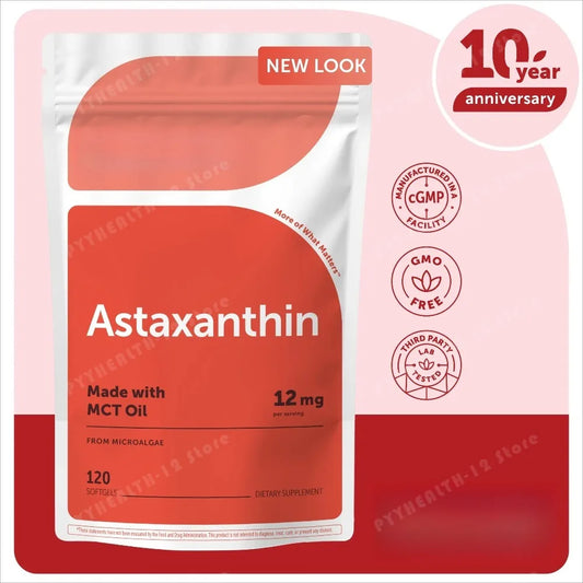 Astaxanthin 12mg 120 Softgels | Microalgae MCT Oil Non-GMO Antioxidant Supplement Peaceful Pleasures Health and Wellness