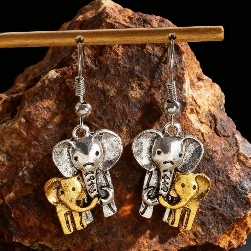 Mother & Baby Elephant Dangle Earrings | Two-Tone Vintage Drop
