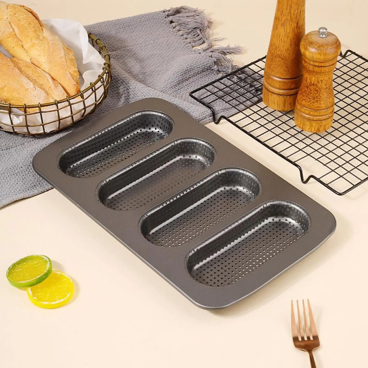 4-Cavity Carbon Steel Non-Stick Hot Dog Bun Baking Pan Bun Baking Pan Peaceful Pleasures Health and Wellness