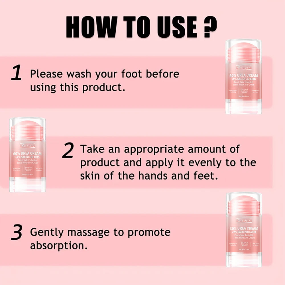 SUYARUN 60% Urea Cream & Peach Scented Foot Balm Stick Combo – Intensive Cracked Heel Repair, Deep Moisturizing and Hydration. Peaceful Pleasures Health and Wellness