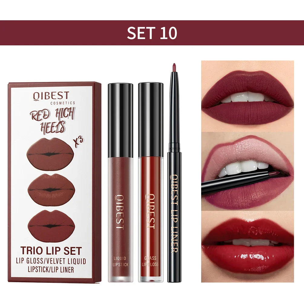 QIBEST 3-in-1 Matte Lipstick, Lip Liner & Gloss Set