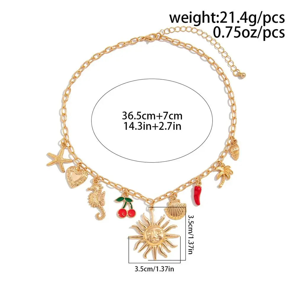 Vintage Enamel Cherry Necklace – Ocean Style Gold Pendant for Women