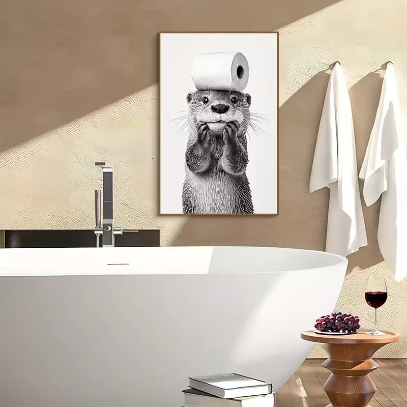 Black & White Cute Otter Canvas Wall Art Print | Home Decor