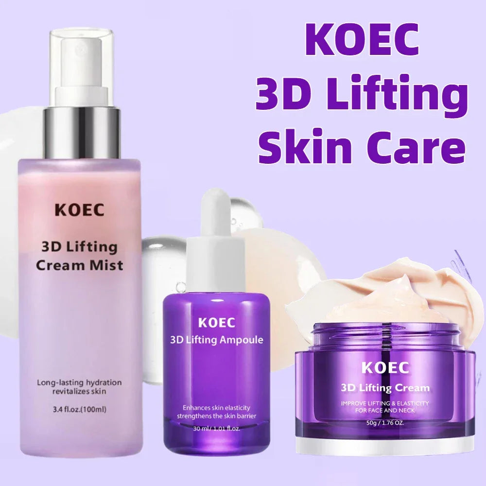 KOEC 3D Lifting Face & Neck Cream - Deep Hydration Firming Nourishing Improve Elasticity Korean Skincare For All Skin Types Peaceful Pleasures Health and Wellness 3pcs kit