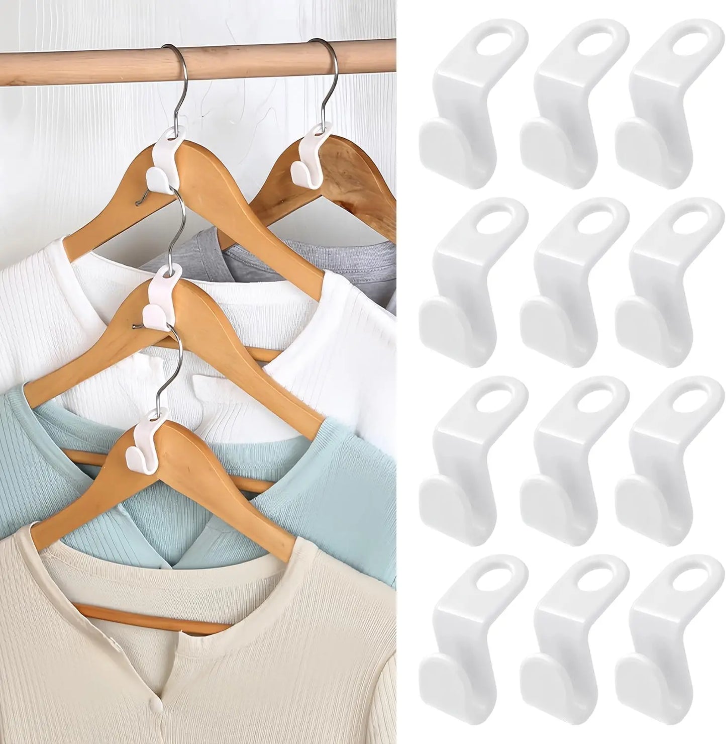 Wooden hangers with clothes on a rack and white clip-like objects on a white background.