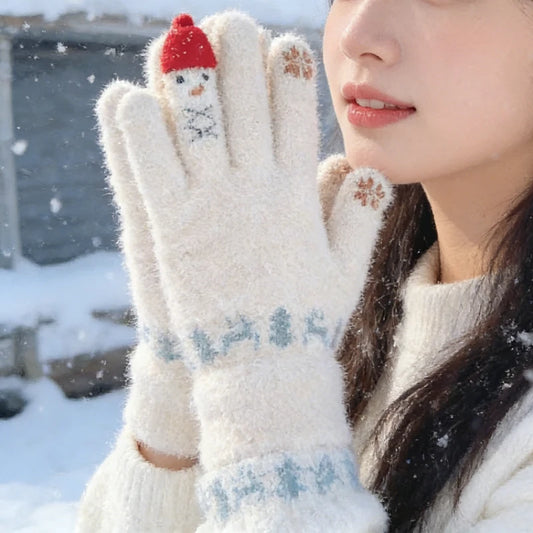 Winter Women Knit Gloves Cute Snowman Touch Screen Thick Warm Windproof Cold Proof Five Fingers Gloves Outdoor Full Finger Mitts Peaceful Pleasures Health and Wellness